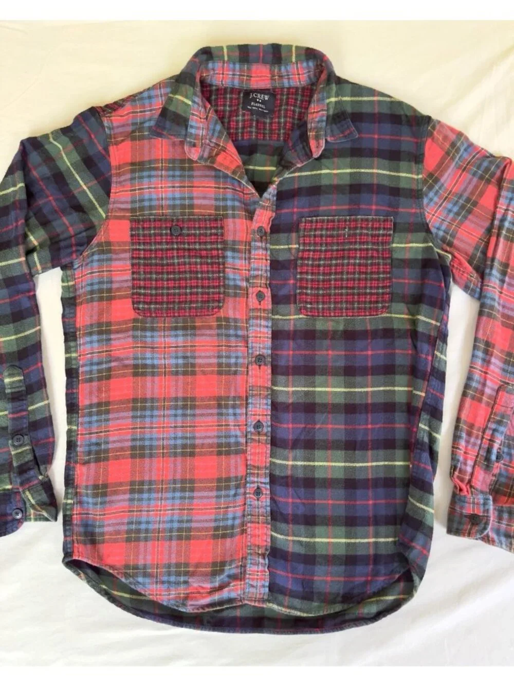 J. Crew Mens M Patchwork Flannel Shirt Mixed Plaid Tartan Cotton